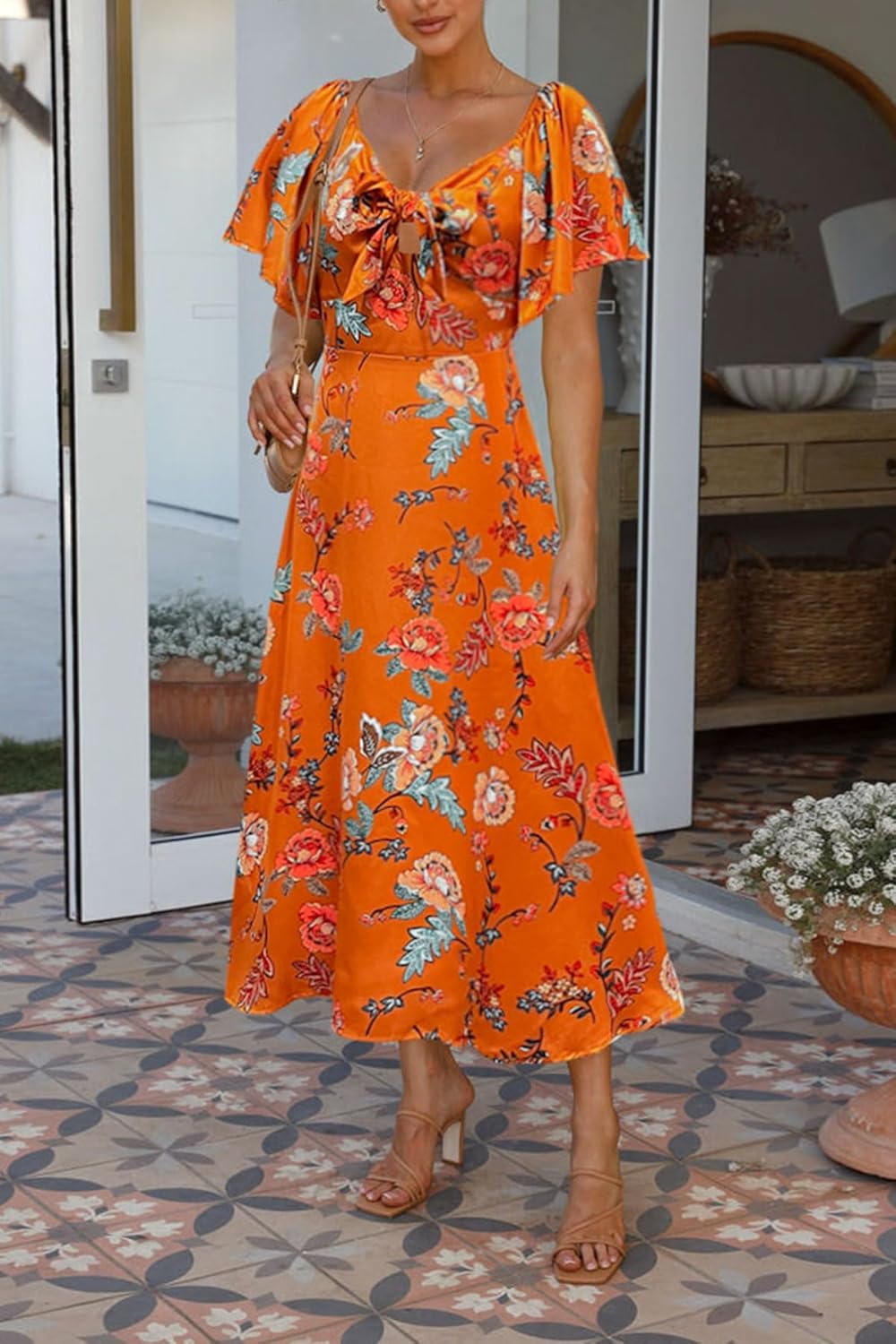 Fashionme Womens Dresses 2026 Maxi Dresses Deep V Neck Elegant Bow Tie Front Cap Sleeve Summer Floral Satin Smocked Dress - Image 8