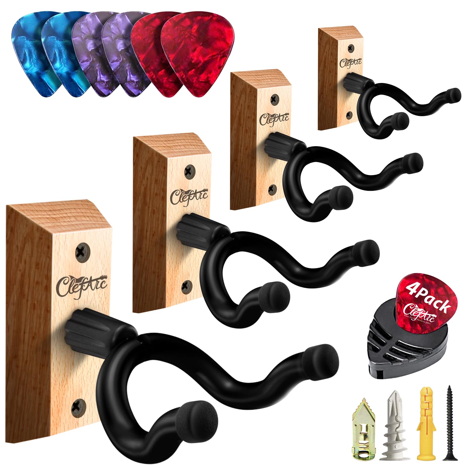 Black Guitar Wall Mount 4 Pack, Picks and Pick Holders, BeechWood | Pick Holders, With 6 Assorted Guitar Picks, Guitar Hanger, Guitar Accessories BeechWood 4