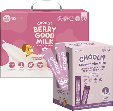 Choolip Bundle | Berry Good Milk 10pk Vitamin-Infused + 49pc Coat Support Squeeze Vita Sticks with Essential multivitamins [Both Products are for Cats & Dogs of All Life Stages]