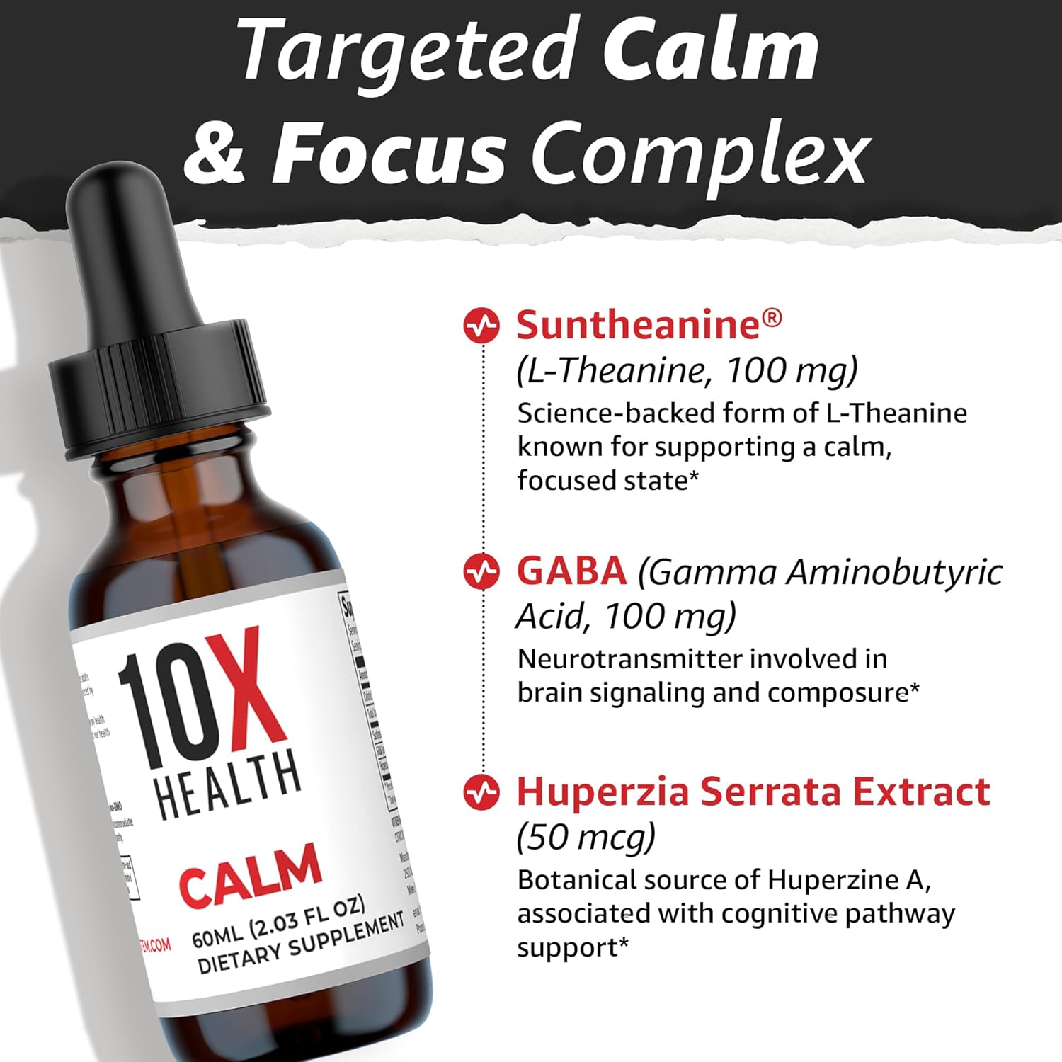 10X Health Calm L Theanine Supplement Liquid Drops - 100mg L'Theanine Drops & 100mg GABA Supplements to Support Nerves, Calm & Stress - Natural Flavor 2.03 Fl oz.