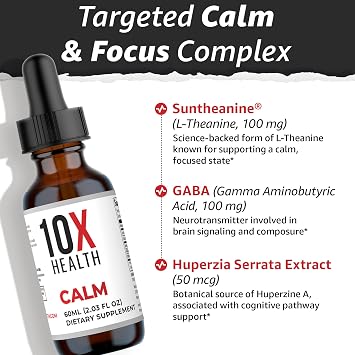 10X Health Calm Drops - 100mg, 2.03 Fl Oz | Gaba Supplements: 100mg L-Theanine, Calm & Stress Support, Natural Flavor, 2.03 Fl Oz