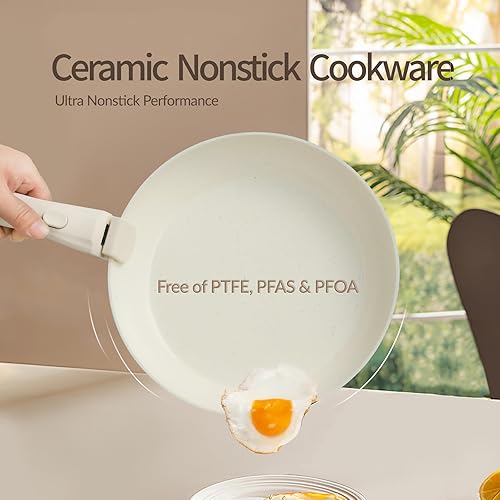 Miniatura 7 de Juego de 21 ollas y sartenes de cerámica, juego de ollas y sartenes antiadherentes, mango extraíble, apilable, juego de utensilios de cocina