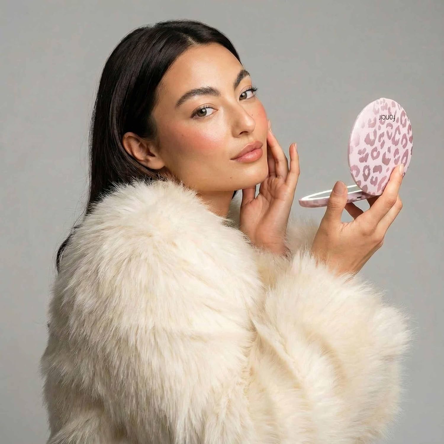 Fancii Mini Taylor Compact Magnifying Mirror with LED Light, 10x/1x, Rechargeable, 3 Light Settings, Dimmable - Small Lighted Travel Handheld Mirror for Pocket, Handbag, Purse (Cosmic Leopard)