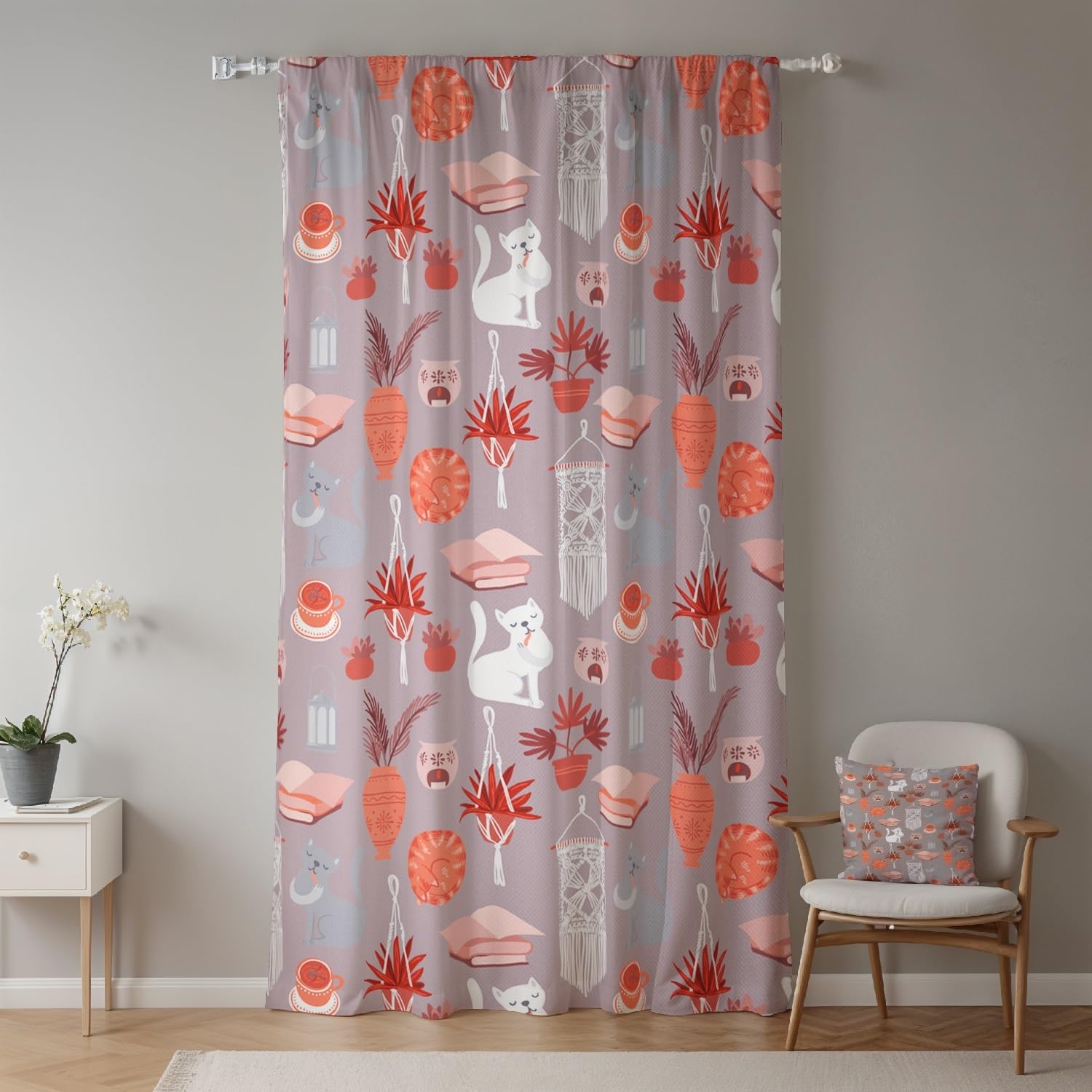 ggaimwf 42"x 63" Pencil Pleat Curtain Bohemian Cute Cat Potted Plants Book Hand Drawing Sweet Hoom Ethnic Exotic Style Light Filtering Linen Look Window Drapes for Bedroom Living Room,1-Single Panel