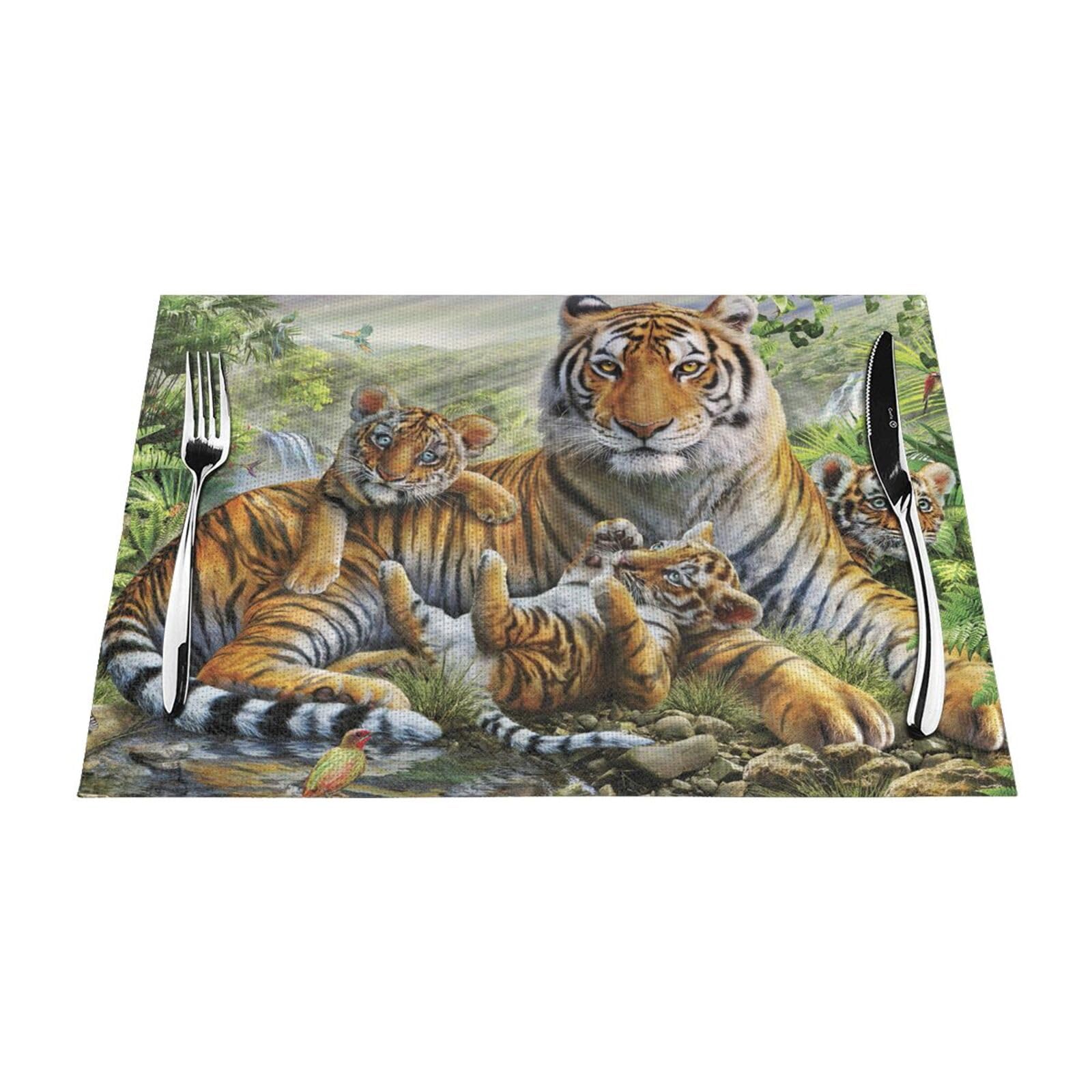 PVC Placemat Set of 4 PCS, 45x30 CM, Jungle Tigers Cub Printed Non-Slip Heat Resistant Place Mats for Kitchen Dining Table Indoor Outdoor