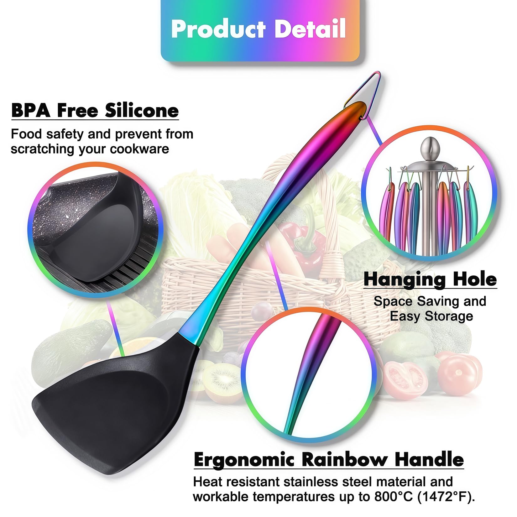 Set di utensili da cucina in silicone, 17 pezzi, con supporto girevole, utensili in silicone resistente al calore, set di spatole antiaderenti con manici in acciaio inox, spatola, mestolo