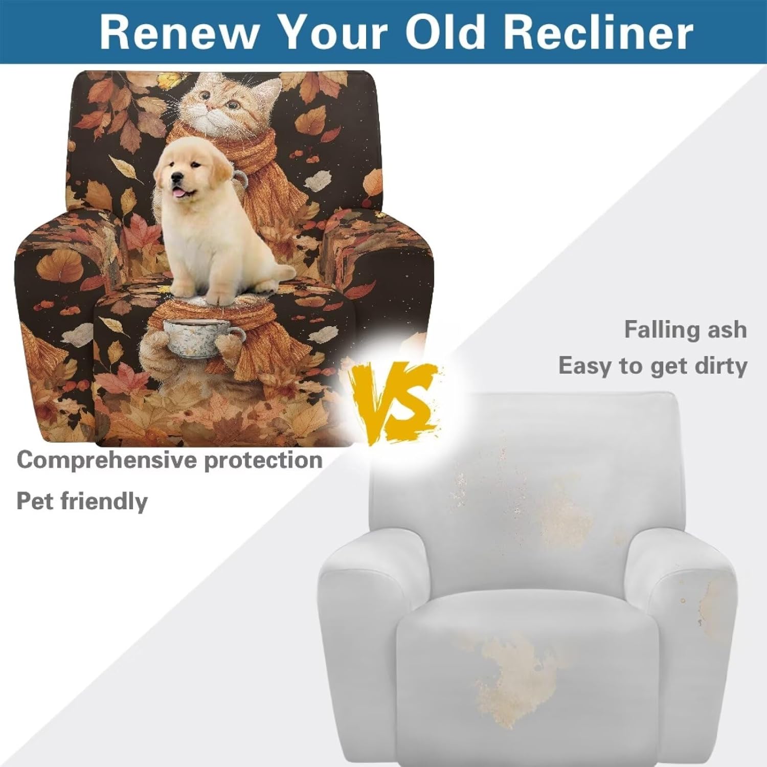 FOR U DESIGNS Cat Maple Leaves Recliner Chair Covers 4 Pieces Stretch Sofa Slipcover Stay in Place with Side Pockets Pet Hair Resistant Soft Fabric Protector for Single Seater