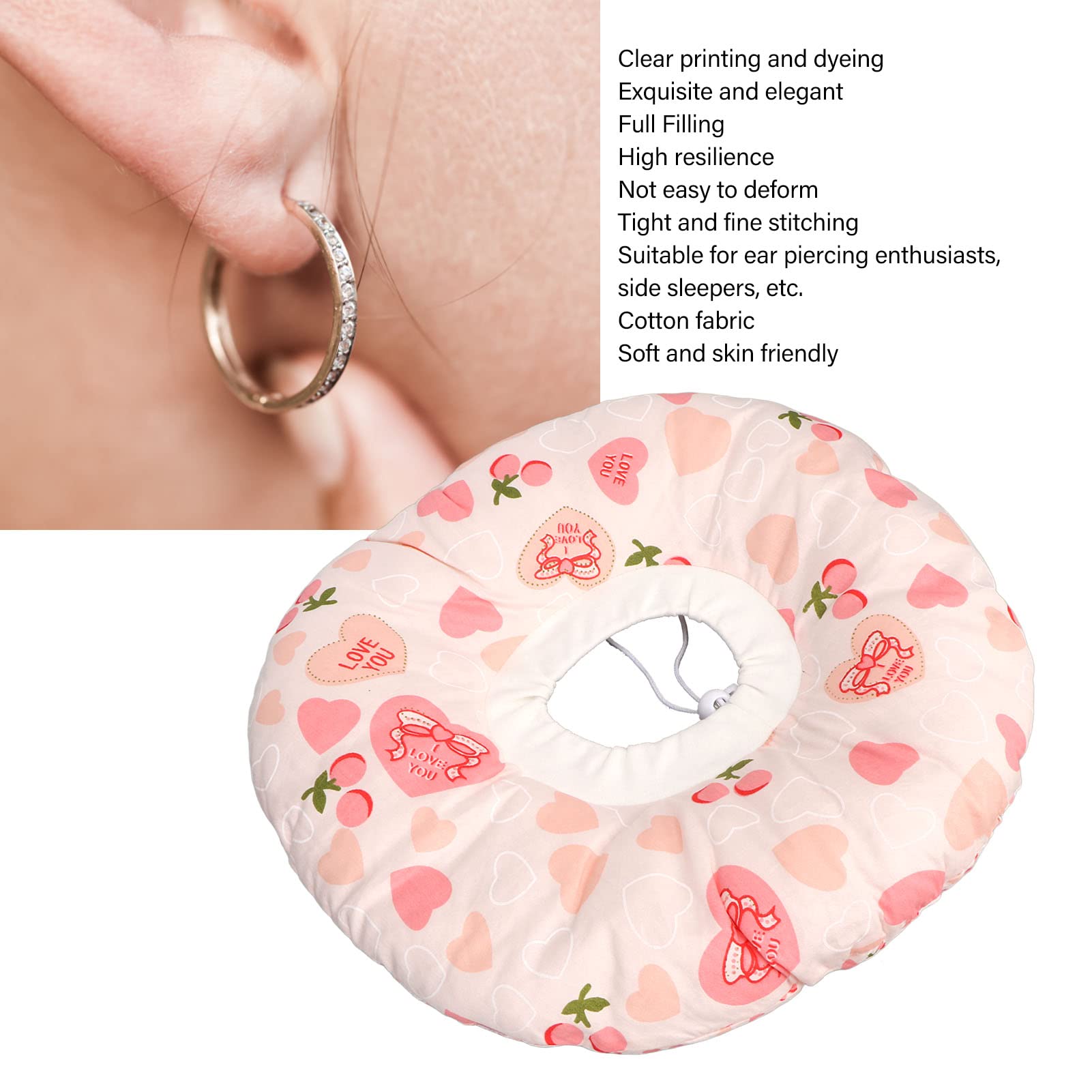 12.6 Inch Ear Piercing Pillow, Side Sleeper Pillow, Portable Cotton Fabric Doughnut Relief Ear Guard Pillow with Large Hole for Home Dormitory Travel Office (Heart Shape Light )