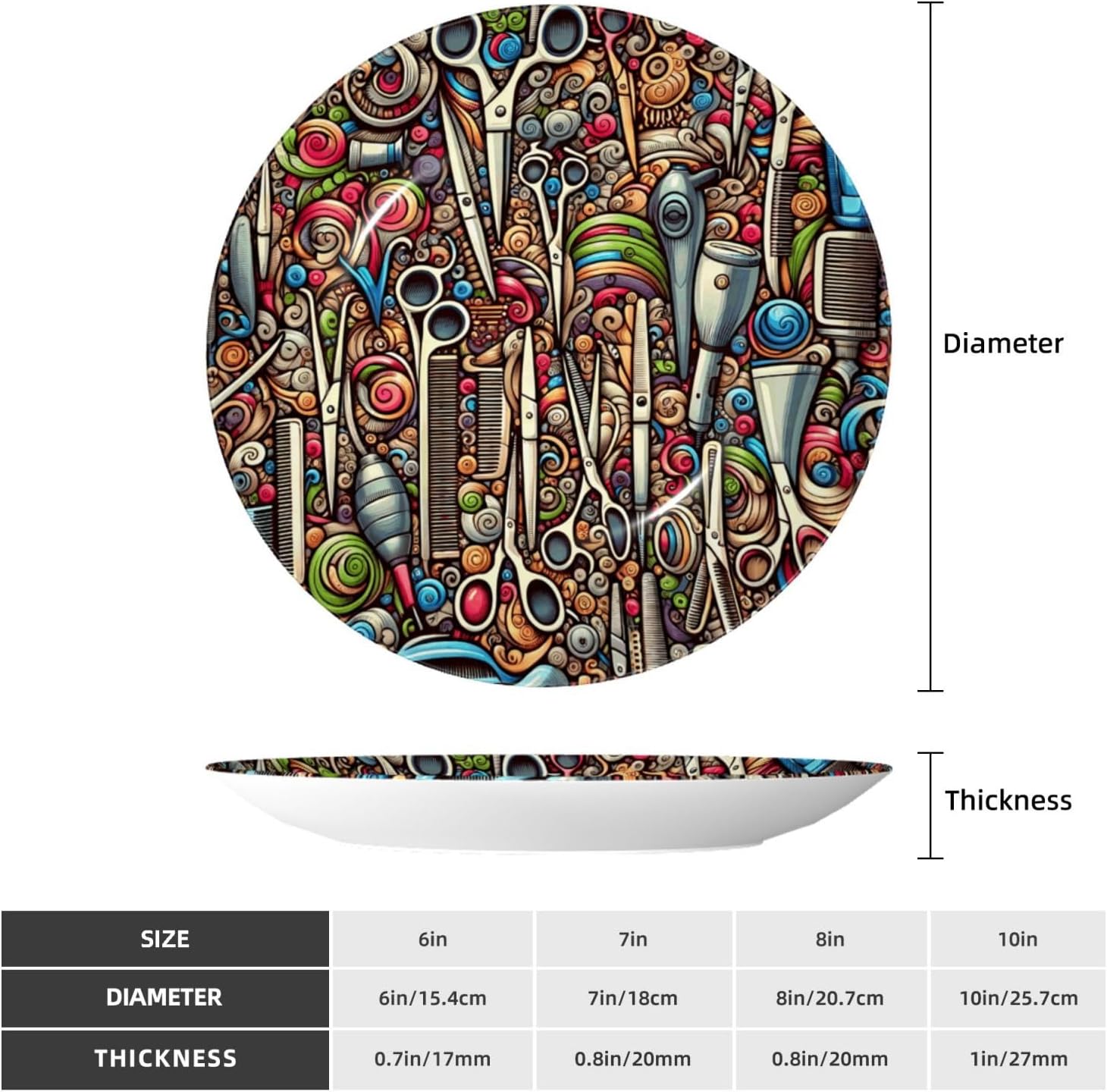 Abstract-Hairdressing-Tools 10 Inch Decorative Plate With Stand, Elegant Display Wall Plate For Home Decor