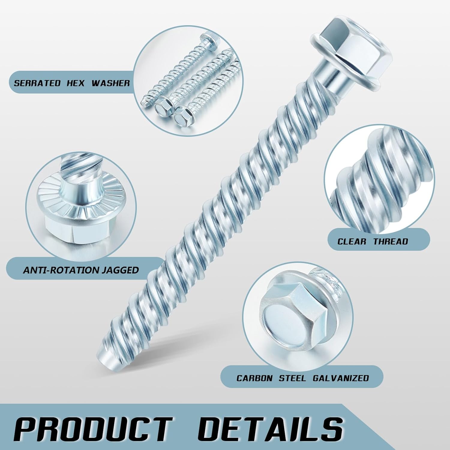 50 Pcs 3/8 x 3 Zinc Plated Concrete Anchors Masonry Screws Heavy Duty Carbon Steel Hex Head Large Diameter Concrete Anchors and Screws Kit for Brick, Blocks, Cement