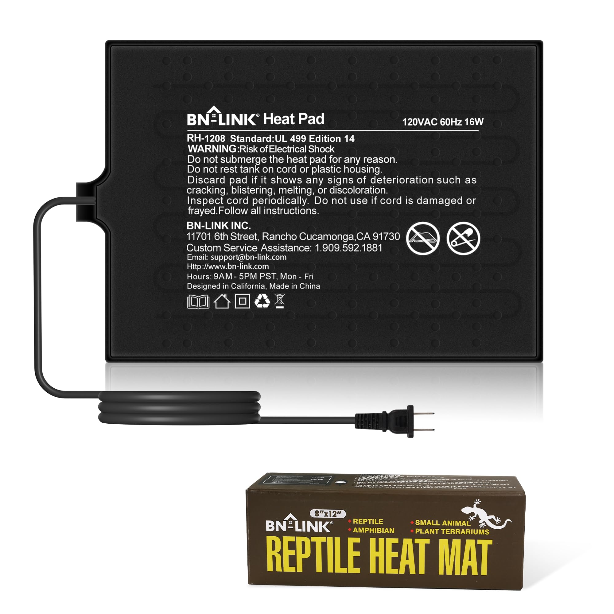 BN-LINK Reptile Heat Pad 8"X12" 16W for 30-40gal Under Tank Terrarium Heating Mat Waterproof for Turtle, Lizard, Frogs, Snake, Hermit Crab