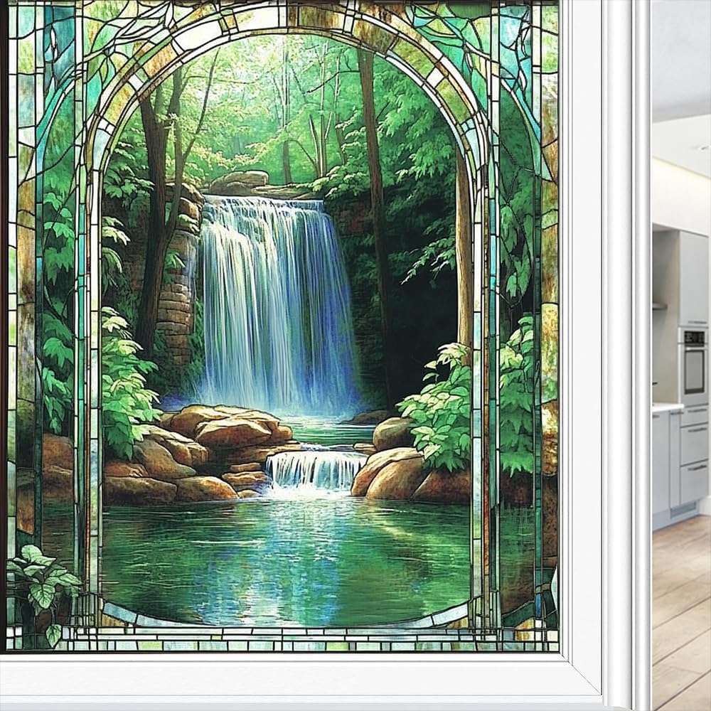 Rustic Waterfall Frosted Stained Glass Window Film - Colorful Forest Sun River Landscape Decorative Peel and Stick Adhesive Vinyl for Bathroom Privacy, Bedroom Home Decor, 35.4Wx63L inch