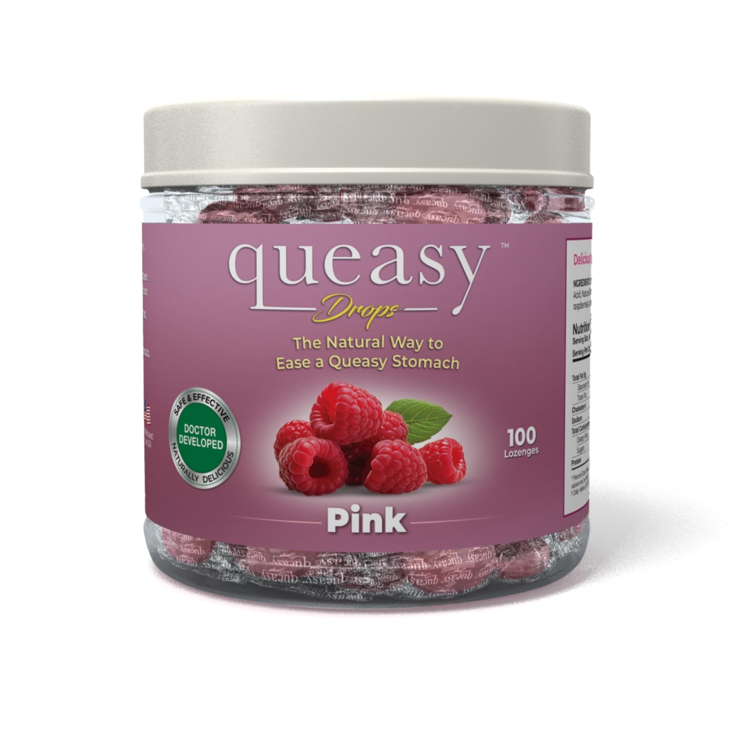 Three Lollies Queasy Drops - Natural Pink Raspberry Flavor - Relief from Chemotherapy Nausea &amp; Travel Sickness - Alleviates a Dry Mouth - Non-Drowsy - Natural Ingredients - 100 ct