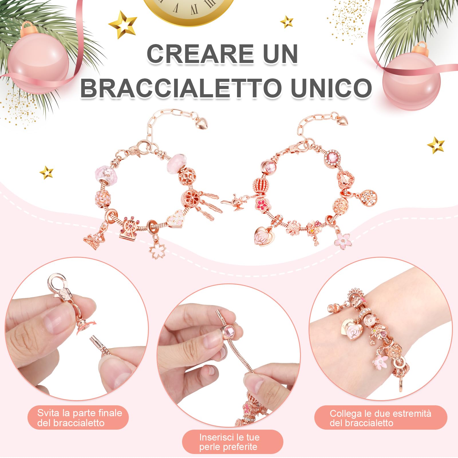 LEMESO Calendario Avvento 2025 Bambina, Calendario Avvento Ragazza Braccialetti Fai da Te, Gioielli per Bambine 6 7 8 9 10 11 12 13 Anni, Regalo Natale (Oro Rosa)