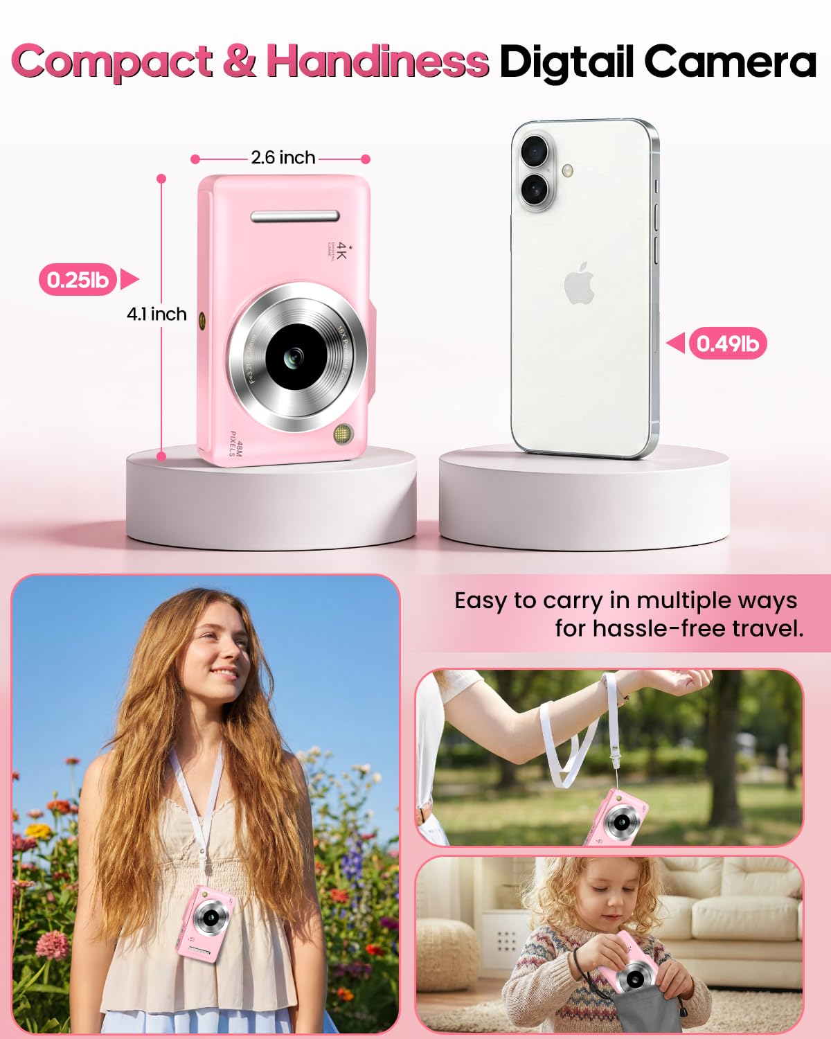 Digital Camera 4K Autofocus Vlogging Camera for Photography with 16X Zoom Anti Shake, 32GB Card, 48MP Compact Portable Point and Shoot Camera for Kids Boys Girls Teens Beginner（Pink） - 3