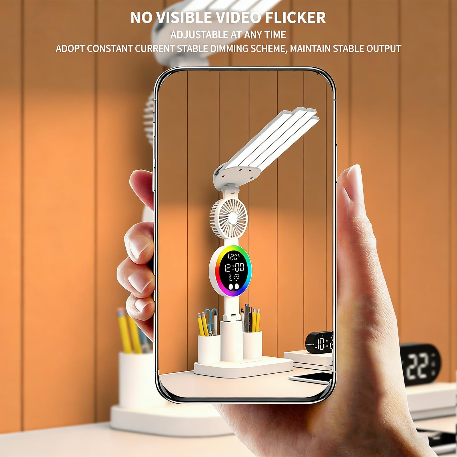 Lampada da scrivania a LED flessibile con ventola integrata che offre colori luce modificabili, batteria ricaricabile per un utilizzo silenzioso e trasportabile Lampada da scrivania con ventola