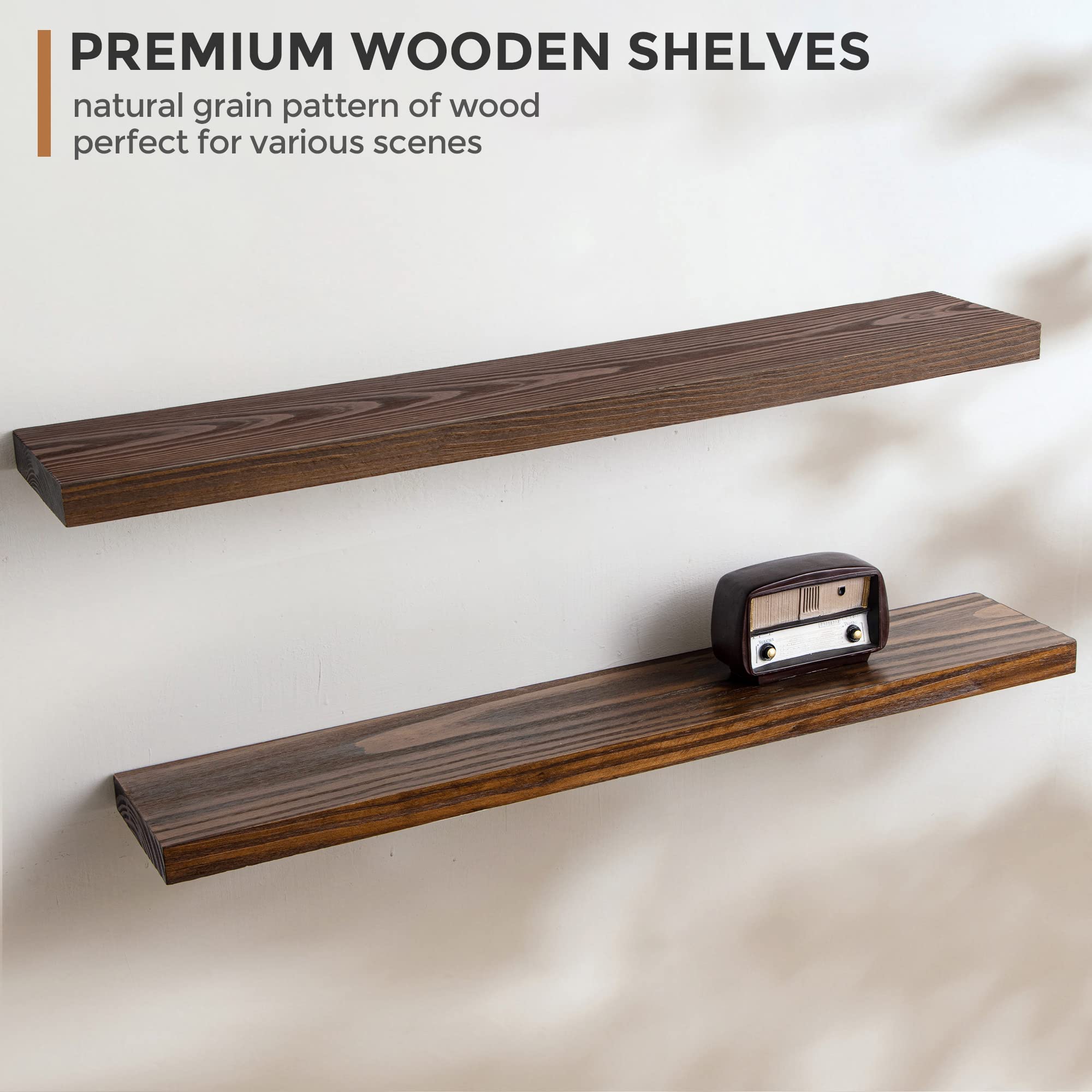 Floating Shelves 36 x 51/2) Long - Farmhouse Rustic Solid Wood Wall Shelf - Handcrafted Southern Yellow Pine Storage Shelf for Living Room - Heavy-Duty Metal Bracket - Set of 2 - Light Walnut Color