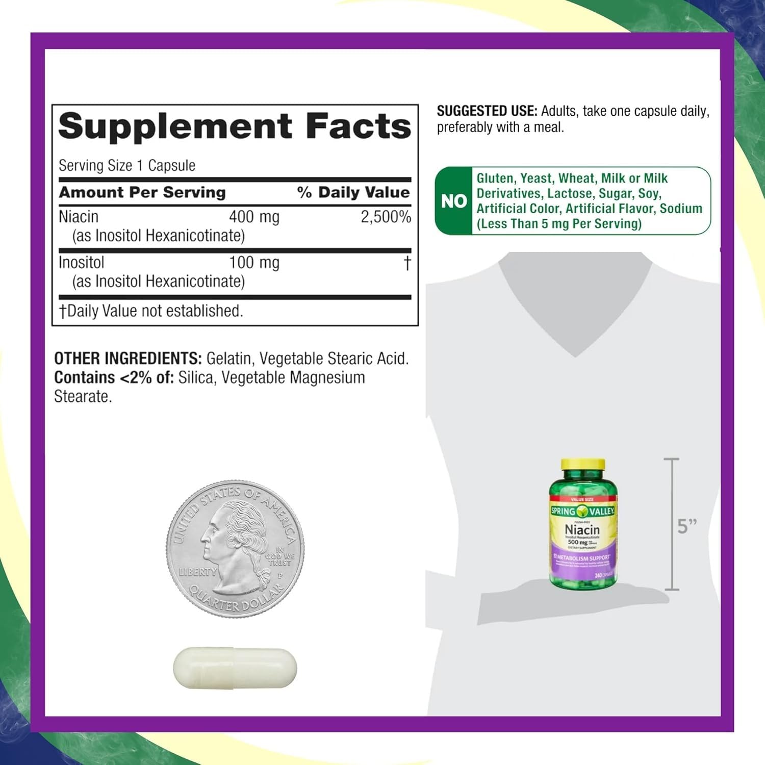 Spring Valley Vitamin B3 Niacin 500mg Flush Free Capsules, Dietary Supplement 240 Pills (Pack of 1) - Set by Basket Goods — Amazon image 3