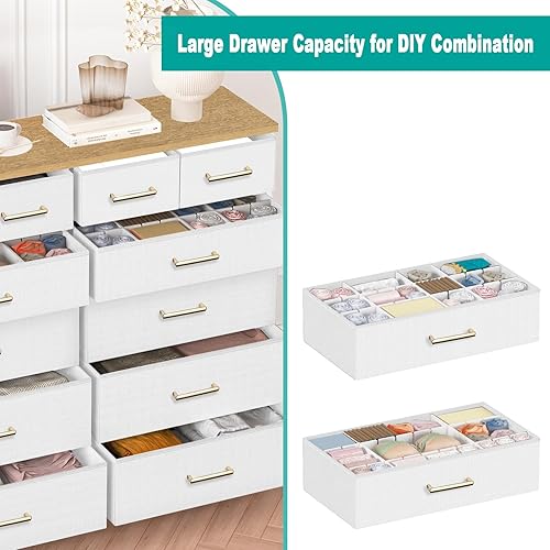 Miniatura 4 de White Dresser for Bedroom with 12 Deep Drawers, Wide Chest of Drawers, 55" TV Stand with Retro Wood Top, Tall Fabric Dresser for Closet, Nursery Top