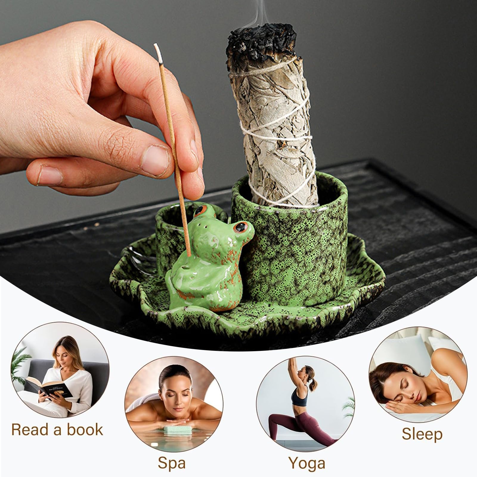 ZONSUSE Bruciatore di Incenso Rana Multifunzionale 4 in 1 con Vassoio Foglia di Loto, Porta Salvia, Palo Santo, Bastoncini e Coni in Ceramica, Decorazione Yoga & Meditazione (Rana Verde Loto)