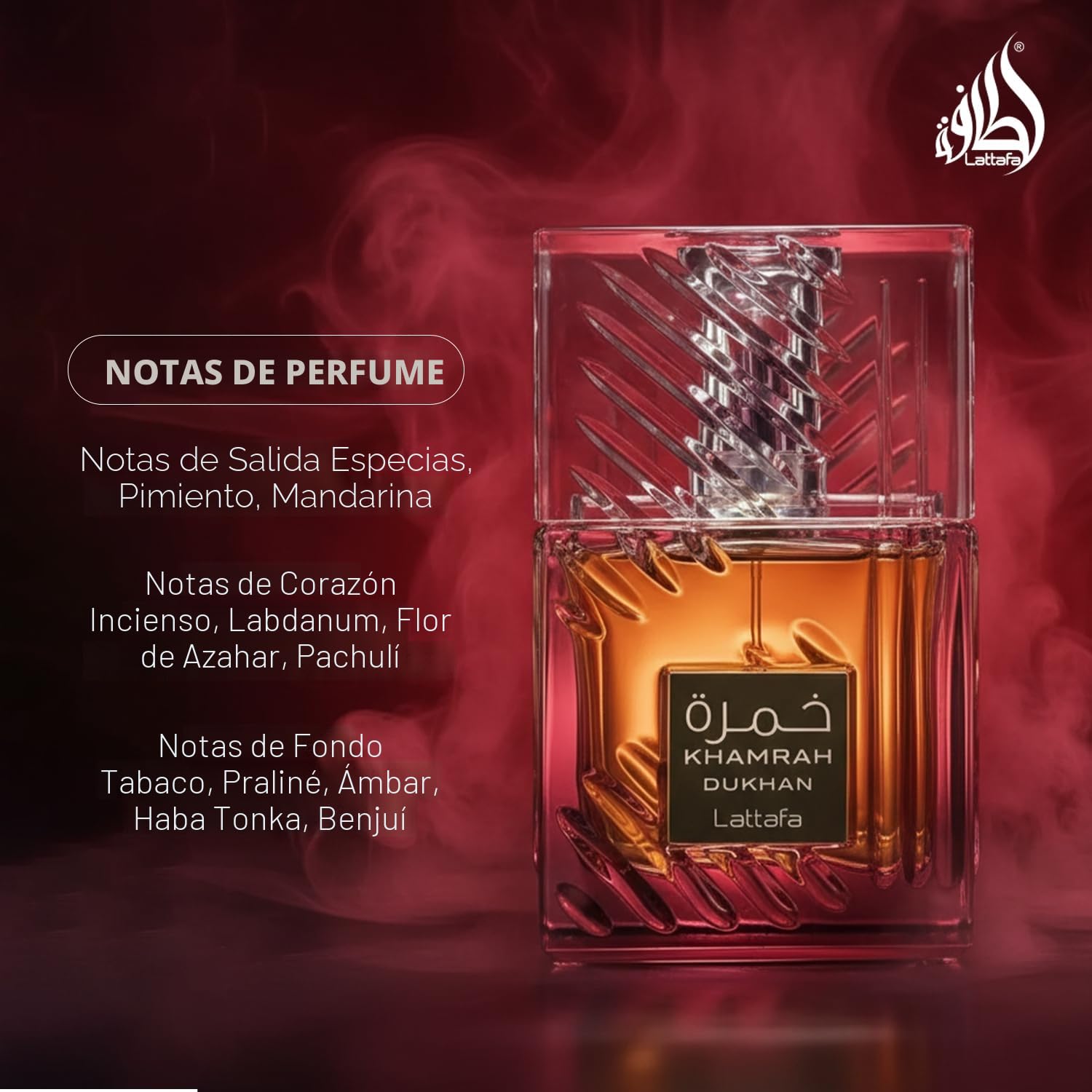 Perfume Khamrah Dukhan EDP de Lattafa 100 ml, perfume unisex - Pimento picante ahumado