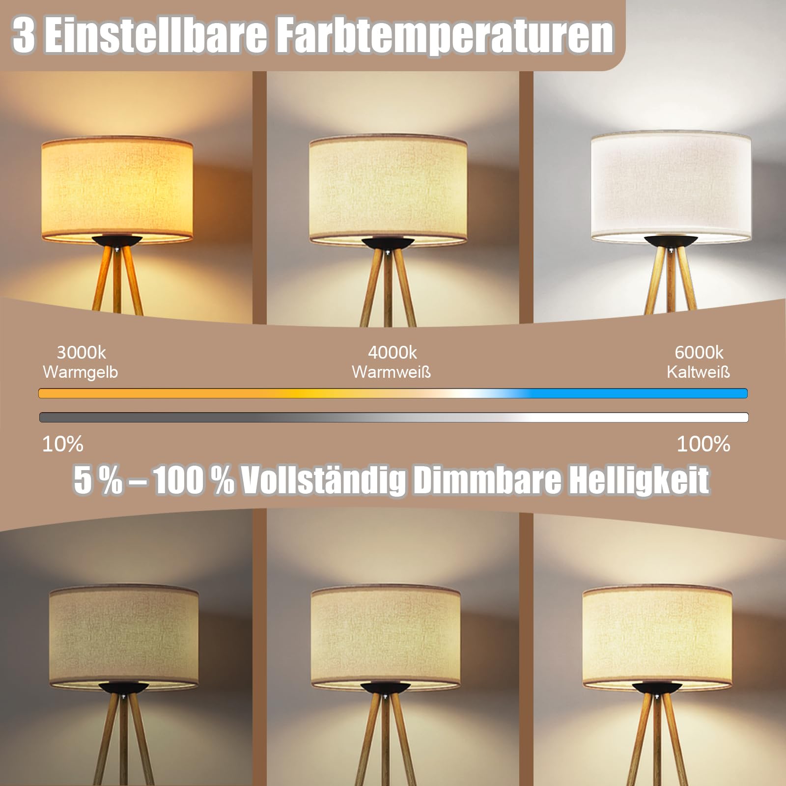 TLGREEN Dreibein Stehlampe Wohnzimmer, Stehlampe Dimmbar, 3 Farbtemperatur