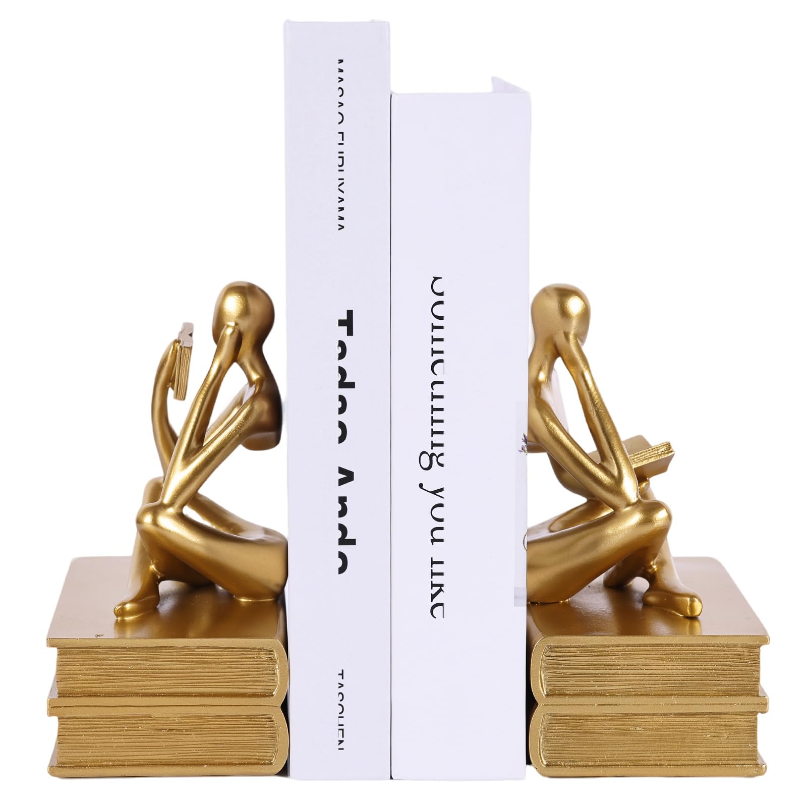 Reading Thinker Statue Buchstützen für Regale, dekorative Buchstützen für Buchliebhaber, einzigartiger Buchstopper für Home Office & Bücherregal-Dekor, modernes goldfarbenes ästhetisches