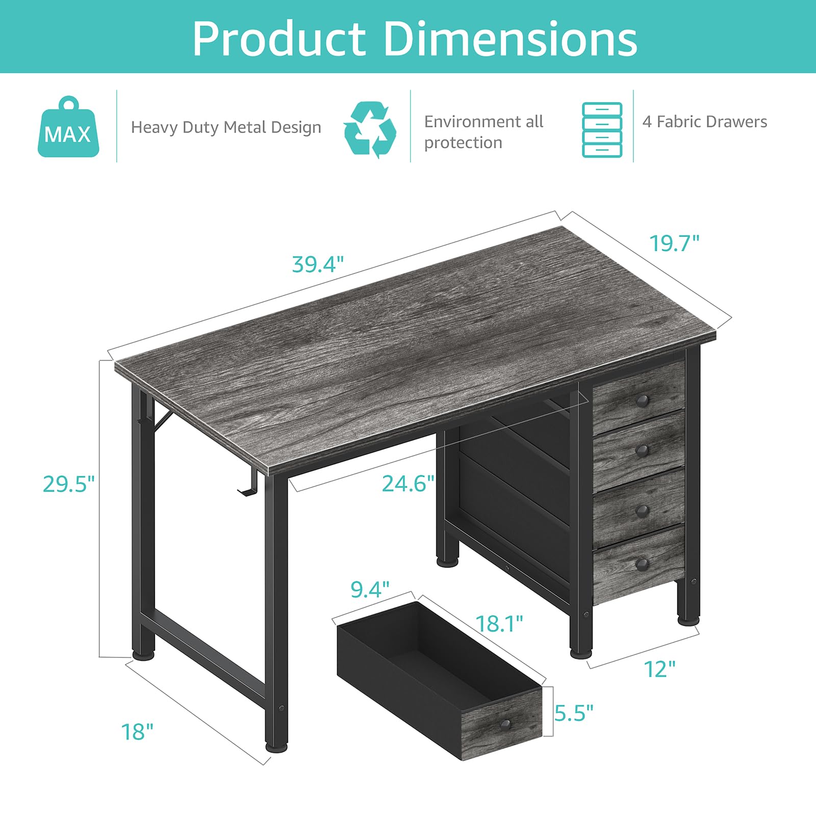 Lufeiya Small Gaming Desk with 4 Drawers, 40 Inch Kids Girls Teen Cute Study Desk for Bedroom, Reversible Work Computer Writing Table Desks for Small Space Home Office, Black: Grey 39.4"