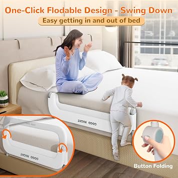 Toddler Bed Guard Rail - 47 Height Adjustable & Foldable Portable Bed Rail for Baby - Toddler Bed Rail Guard for Crib, Twin, Bunk Beds Full Size Queen & King Beds White