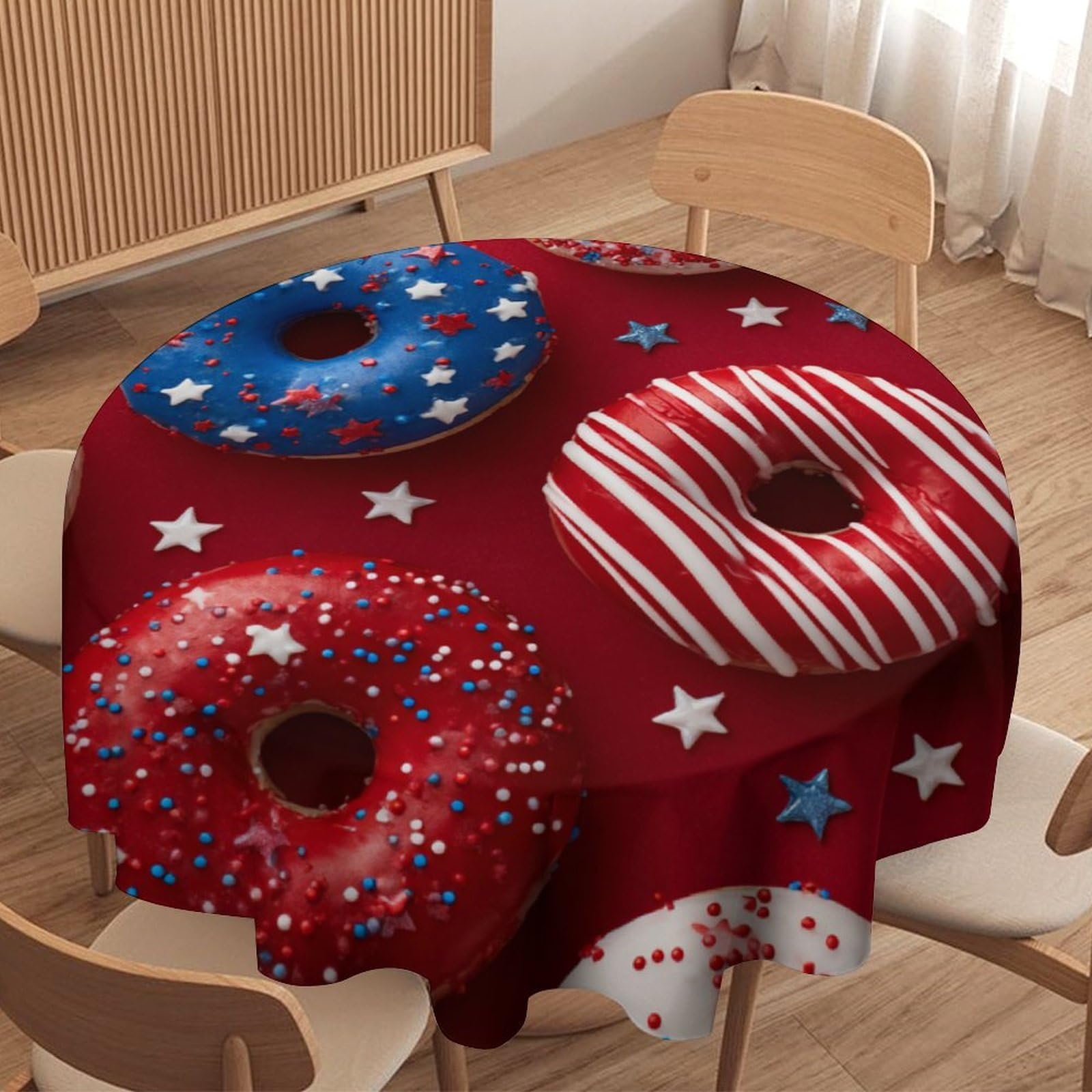 LUYYSKY Abstract Aesthetic Patriotic Donut Waterproof Round Tablecloth Classic Oil Painting Food Donut Star Pattern Washable Table Cover for Kitchen-177.8" Wx177.8 L cm