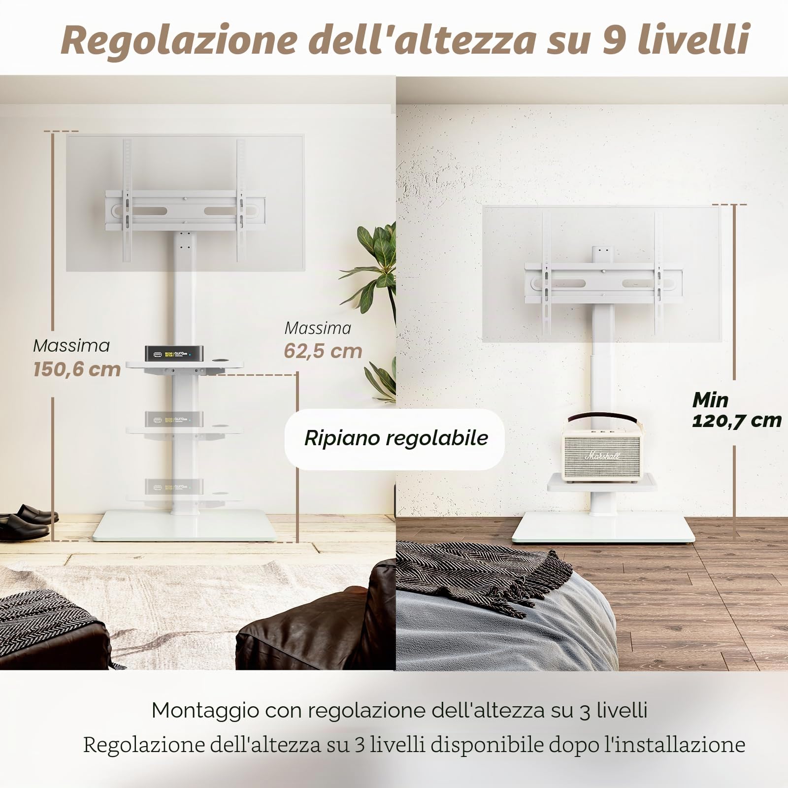 AX2006TW - Supporto universale per TV da pavimento con supporto girevole a 70 gradi, altezza regolabile a 9 livelli, design salvaspazio per la maggior parte dei televisori LCD, LED OLED da 27 a 65