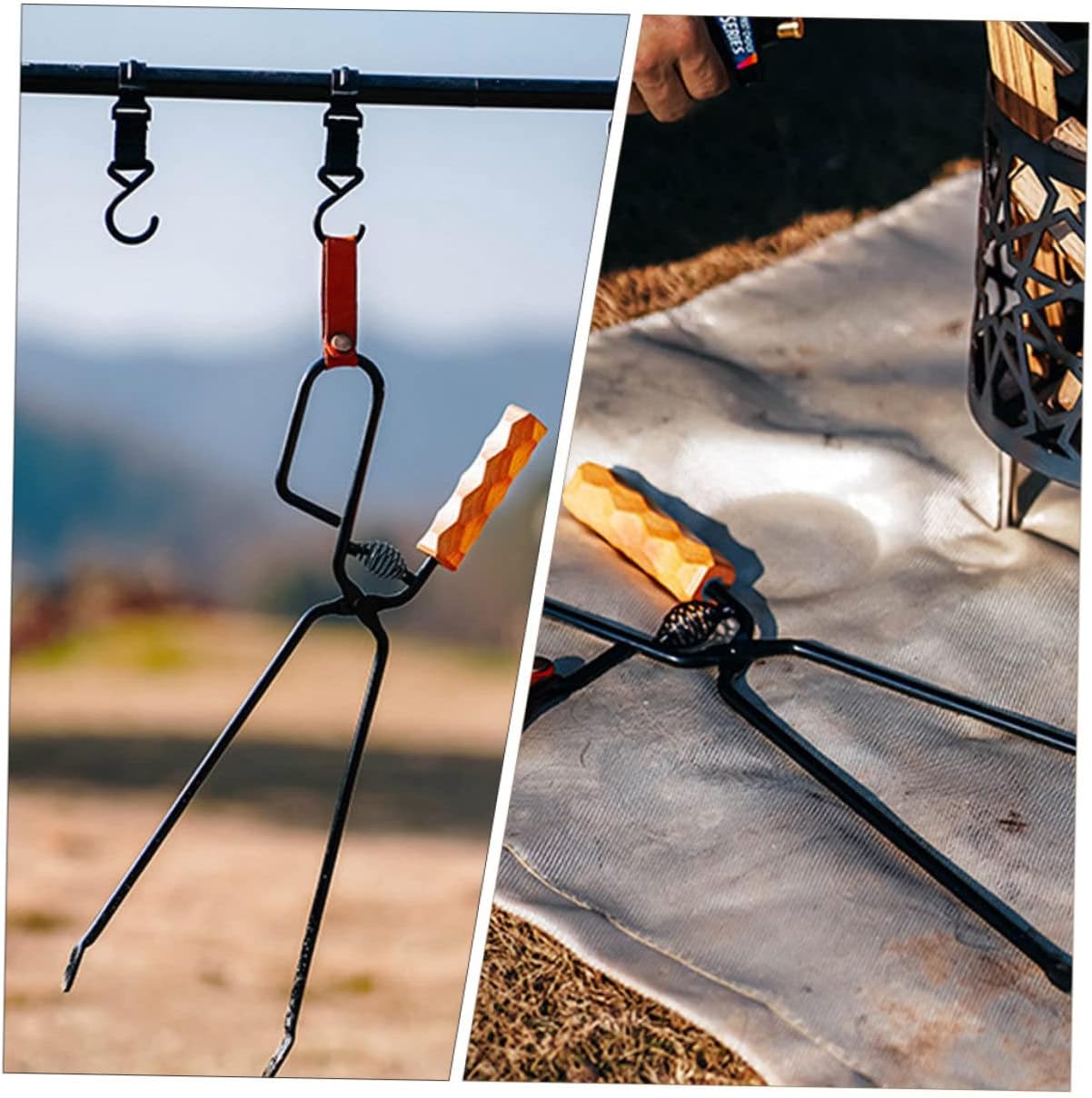 Sosoport BBQ Firewood Tong Wooden Handle Long Charcoal Clamp for Outdoor Grilling Iron Charcoal Tong for Camping Heat-Resistant BBQ Tool
