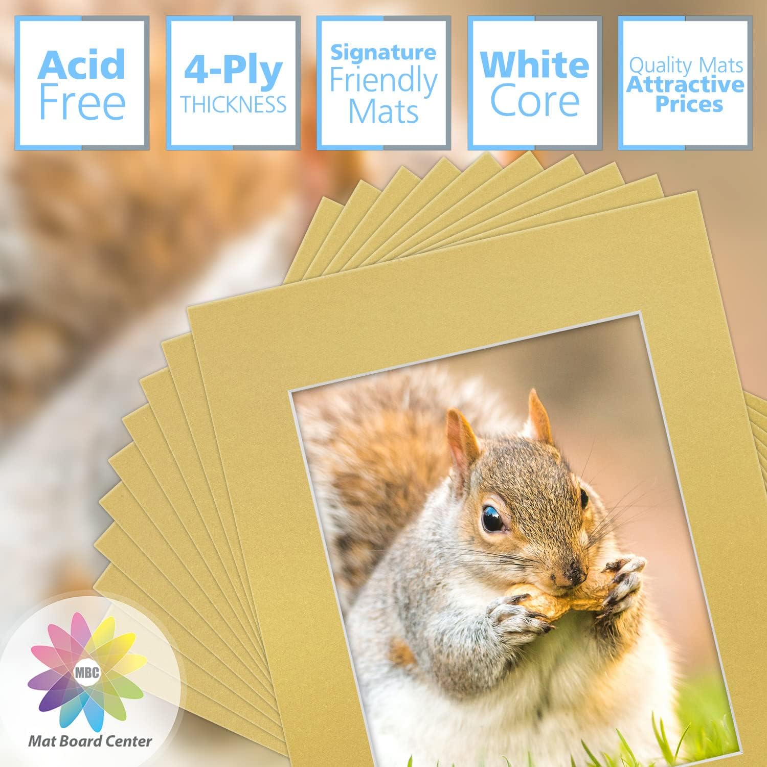 Mat Board Center, Pack of 10, 11x14 for 8x10 Old Gold Color Mats - Acid Free, 4-ply Thickness, White Core - for Pictures, Photos, Framing