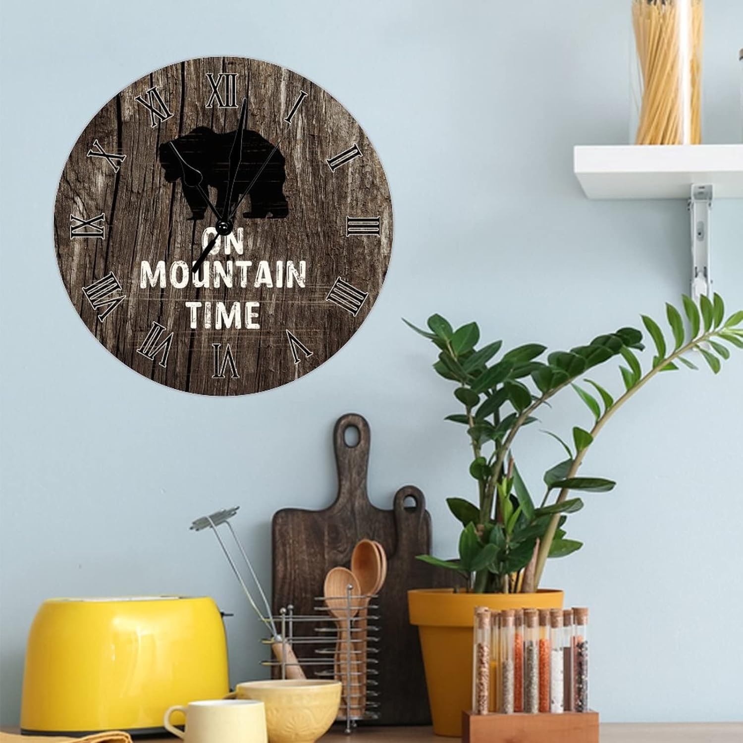 15 Inch Brown Bear Wall Clock On Mountain Time Art Font Silent Non Ticking Roman Numerals Battery Operated Round Wooden Clock Easy to Read Home Office Kitchen Classroom School Clock