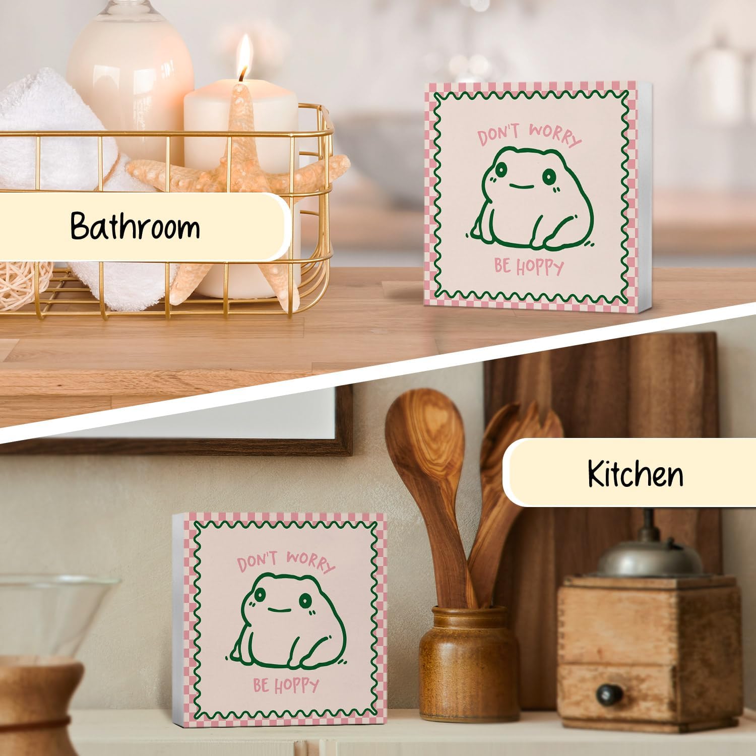 Frog Decor, Don't Worry Be Hoppy Pink Checkered Wooden Box Sign, Cute Frog Wood Block Sign for Home Office Desk Shelf Tabletop, 5x5 Inch - Image 5