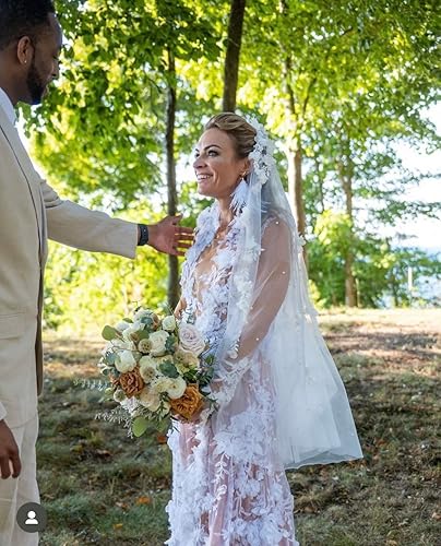 Miniatura 9 de Bohemian Wedding Veil with 3D flowers and pearls off-white light Ivory bridal veil white wedding veil Unique wedding veil (White) 100 cm long