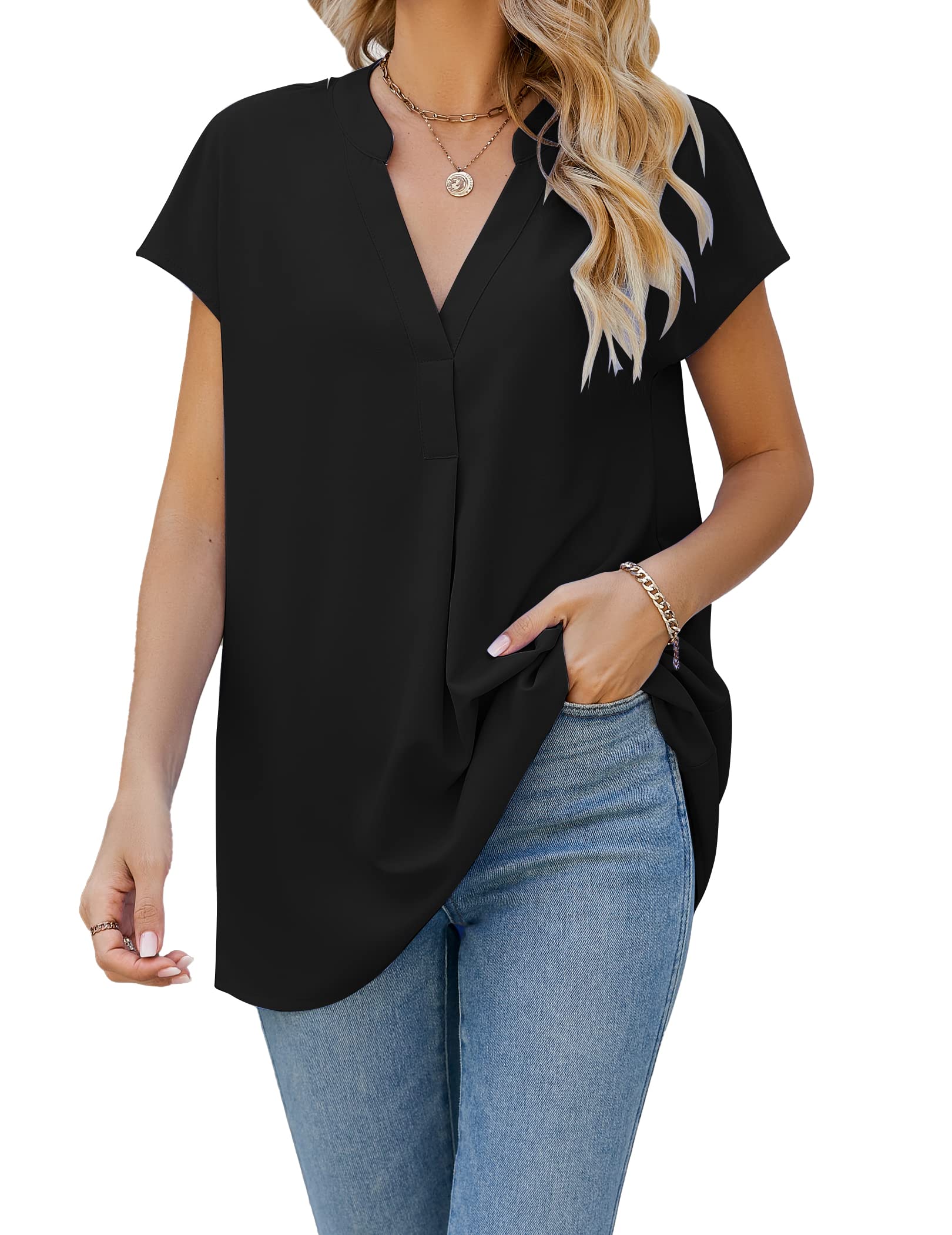 FamulilyV Neck T Shirts for Women Pleated Summer Tops Work Chiffon Blouses Cap Sleeve S-XXL