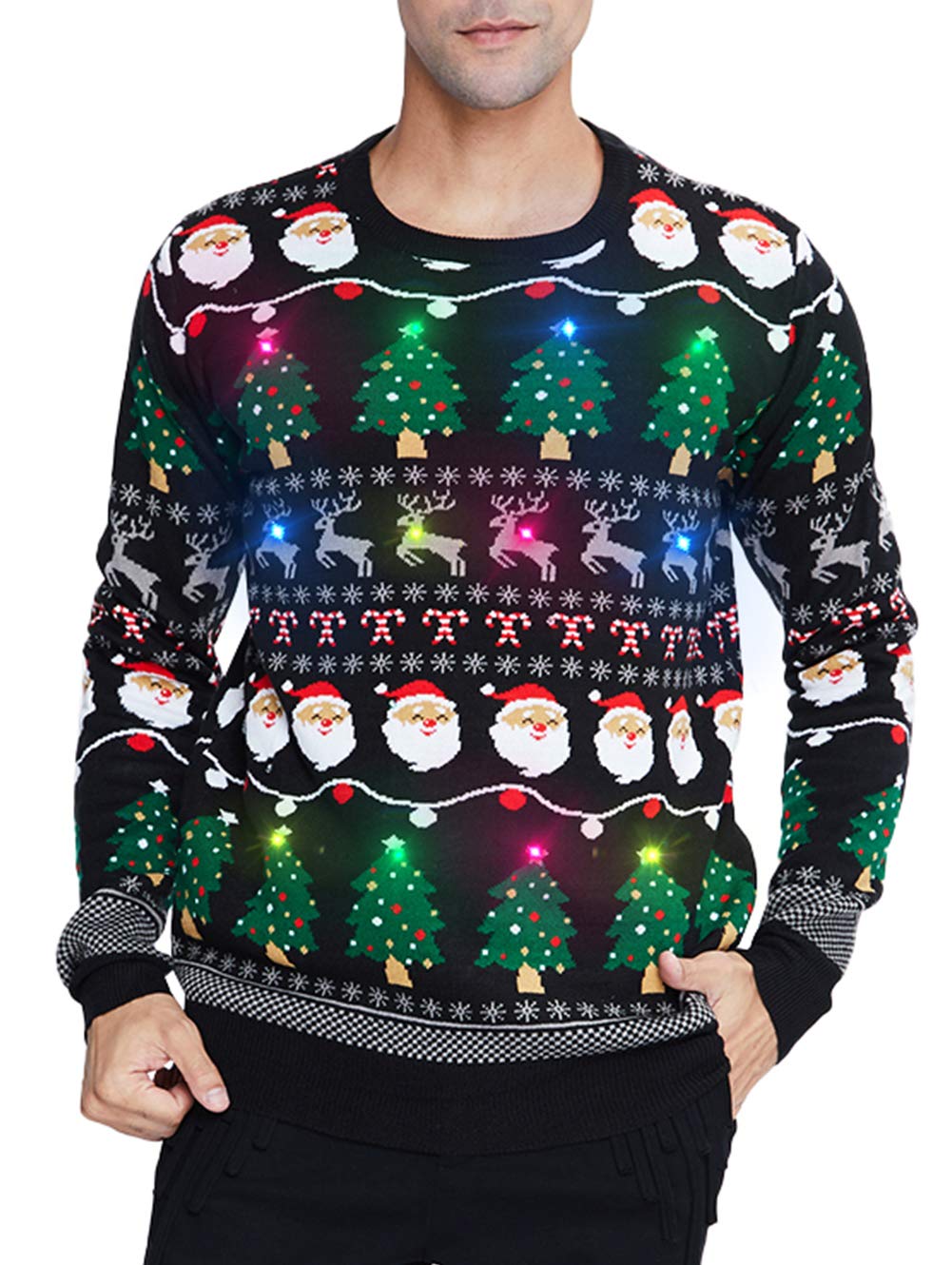 uideazoneMens Light Up Ugly Christmas Sweaters LED Pullover Knitted Sweater  Long Sleeve Jumpers for Xmas Party Celebrations