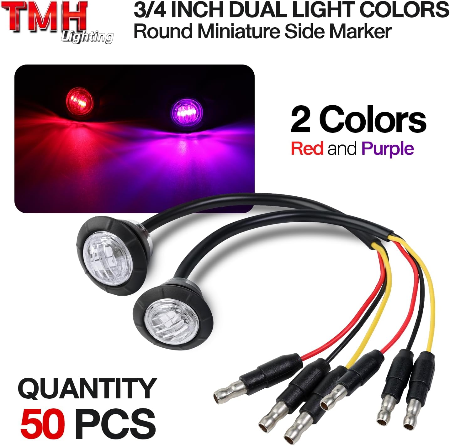 TMH 50 Pcs Dual Color Marker Light of Red to Purple with Connector Plug - Turn Stop Signal Auxiliary, Side Marker Clearance Bullet Lights for Trailer Truck Pickup RV