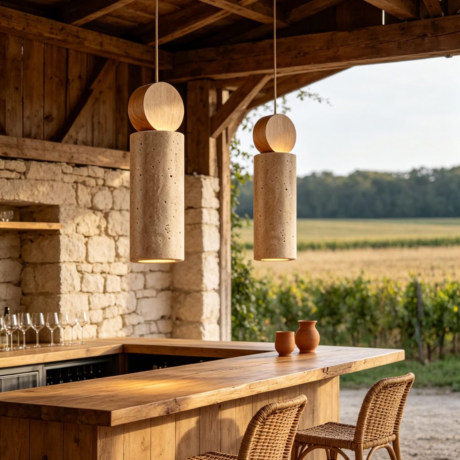 Lampada a sospensione in travertino naturale con base cilindrica