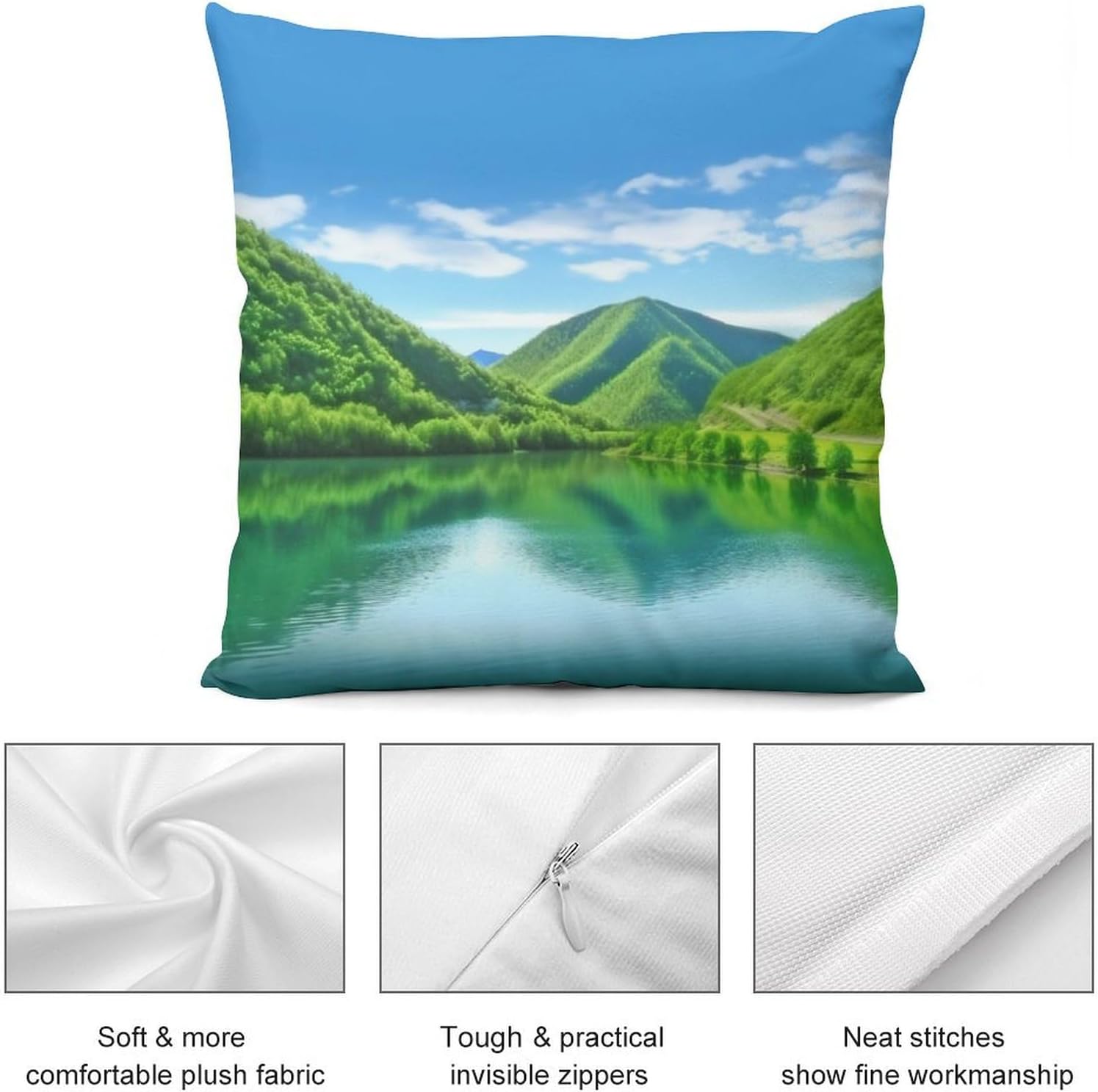 Zippered Pillow Cover, Pillow Protector, Green Hills and Water Printed Pillow Cover of 4, Pillow Not Included