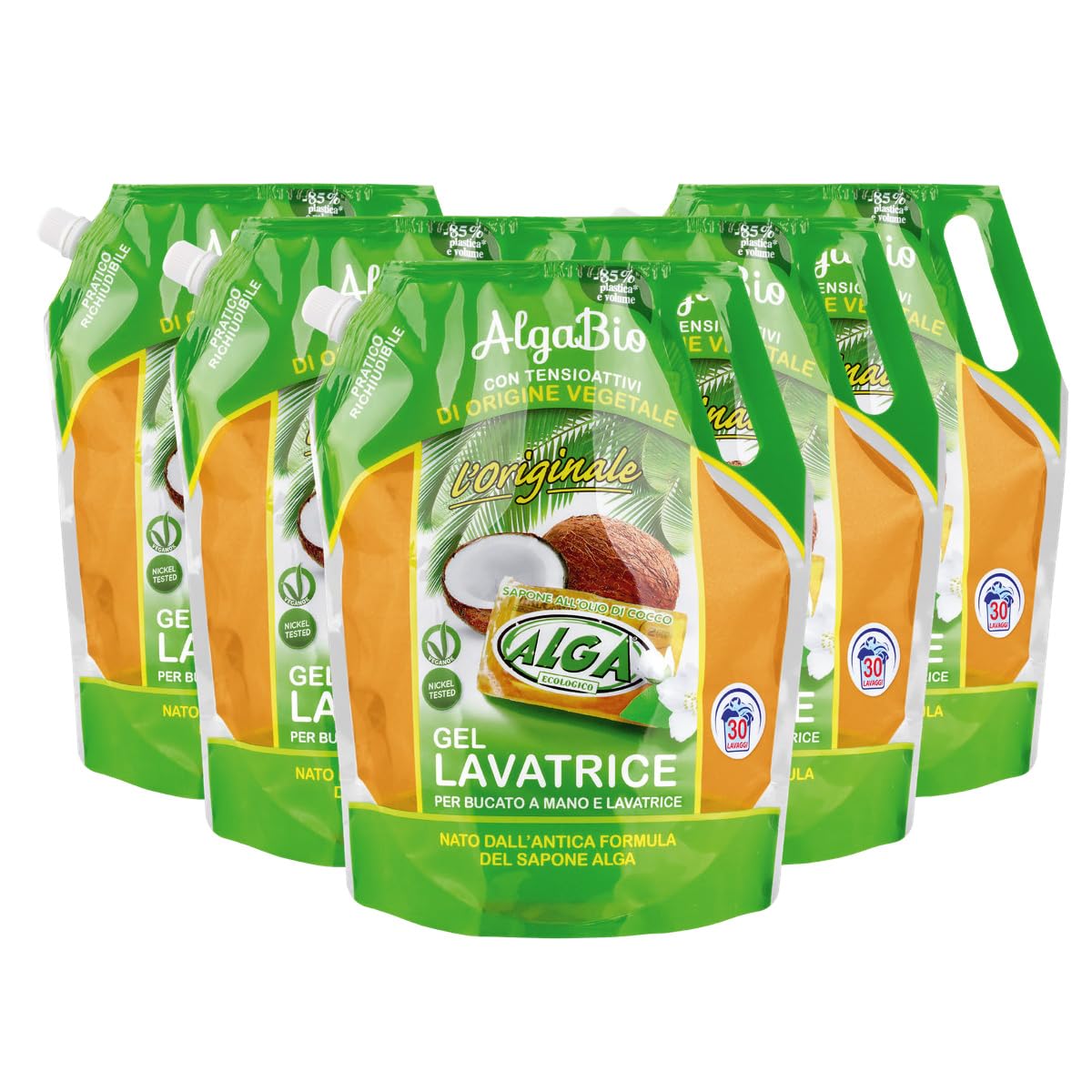 ALGA BIO - Detersivo Concentrato in Gel per Lavatrice e Lavaggio a Mano, Sapone Potassico Vegetale, Elevato Potere Sgrassante e Detergente per Bucato e Vestiti 1500ml x 5