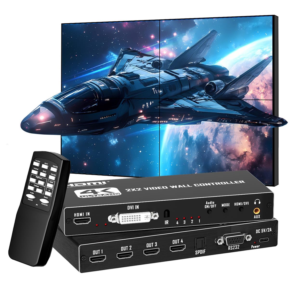 Yuemona Video Wall Controller 2x2 4K TV Splicing Wall Processor HDMI & DVI Input 4 TV Screens Into 1 Wall Display Support IR Remote, RS232, 180°Rotate