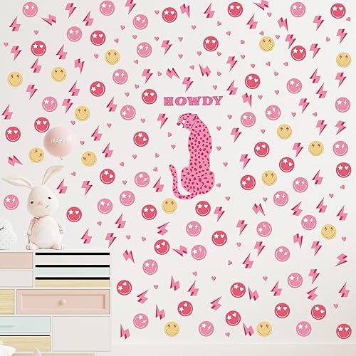 Miniatura 7 de 9 hojas de calcomanías de pared de color rosa preppy, estética, cara sonriente de howdy, rayo, calcomanías de pared de vinilo rosa de guepardo para