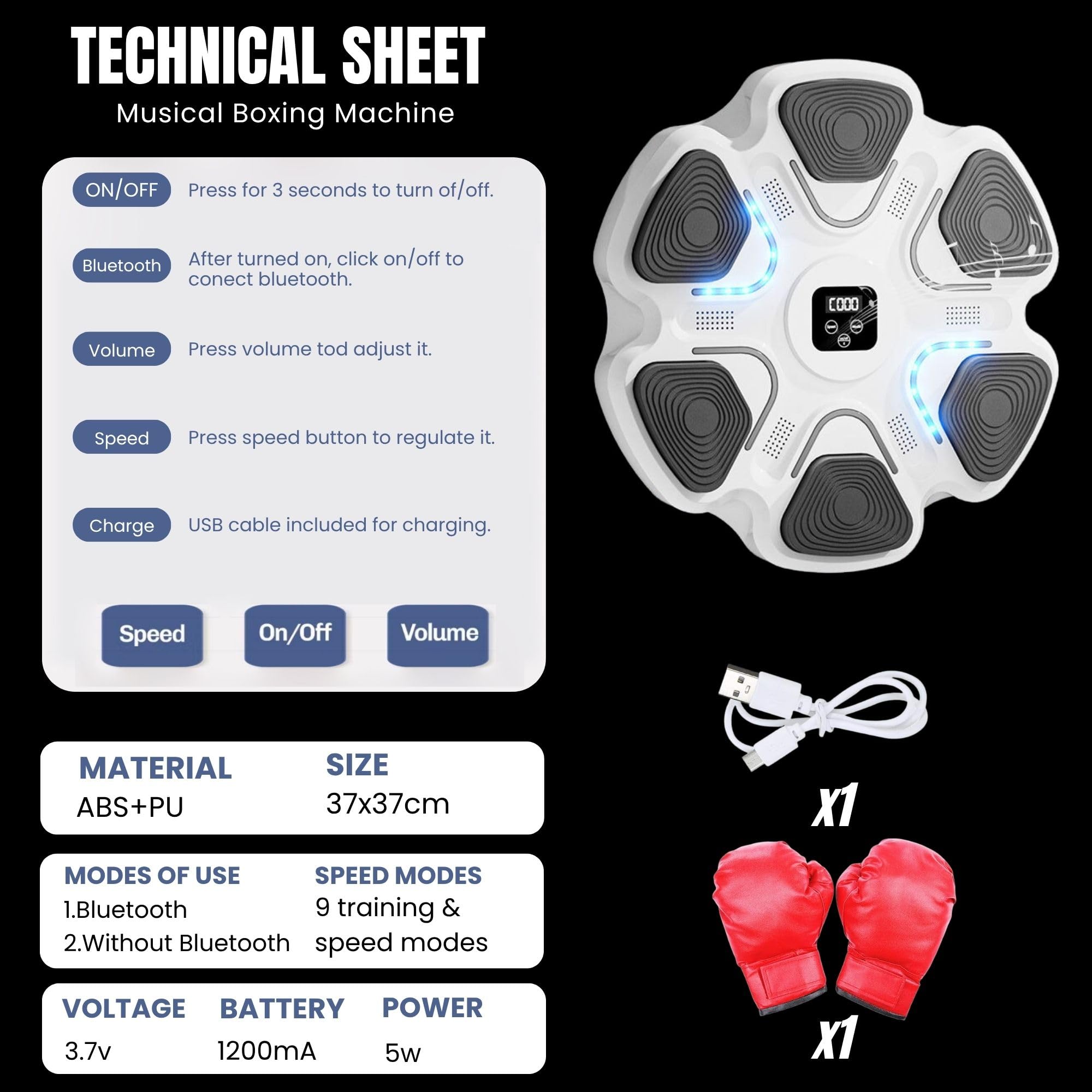 Máquina de Entrenamiento de Boxeo Musical. Equipo de Boxeo para Pared con LED, Guantes de Boxeo, Bluetooth y Luces al Ritmo de la Música. Maquina de Boxeo para Niños/Adultos. (9 modos, 37x37 cm)