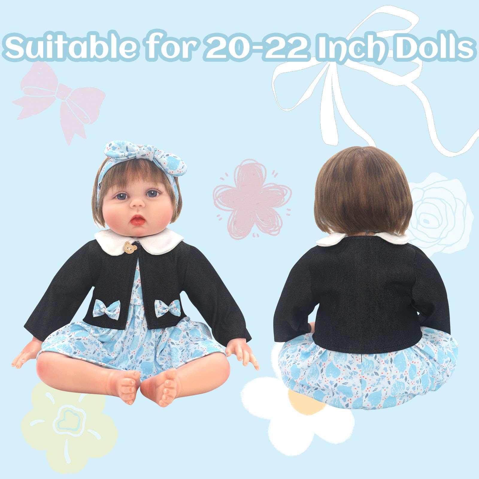 Ensemble De Vêtements Pour Poupée 50-55 Cm – Jupe Fleurie Bleue, Veste En Jean, Sac Tricoté Et Chaussettes – Cadeau Parfait Pour Les Petites Filles