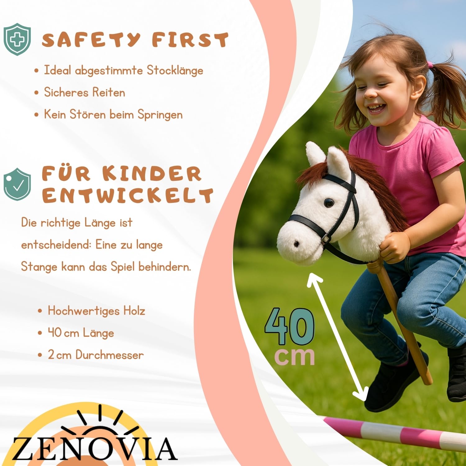 Zenovia Hobby Horse Steckenpferd Braun – Turnierfähiges Stockpferd ab 3 bis 6 Jahren Jahren – ohne Räder, Griffe & Geräusche – leicht & realistisch – für Hobby Horsing – in Geschenkverpackung