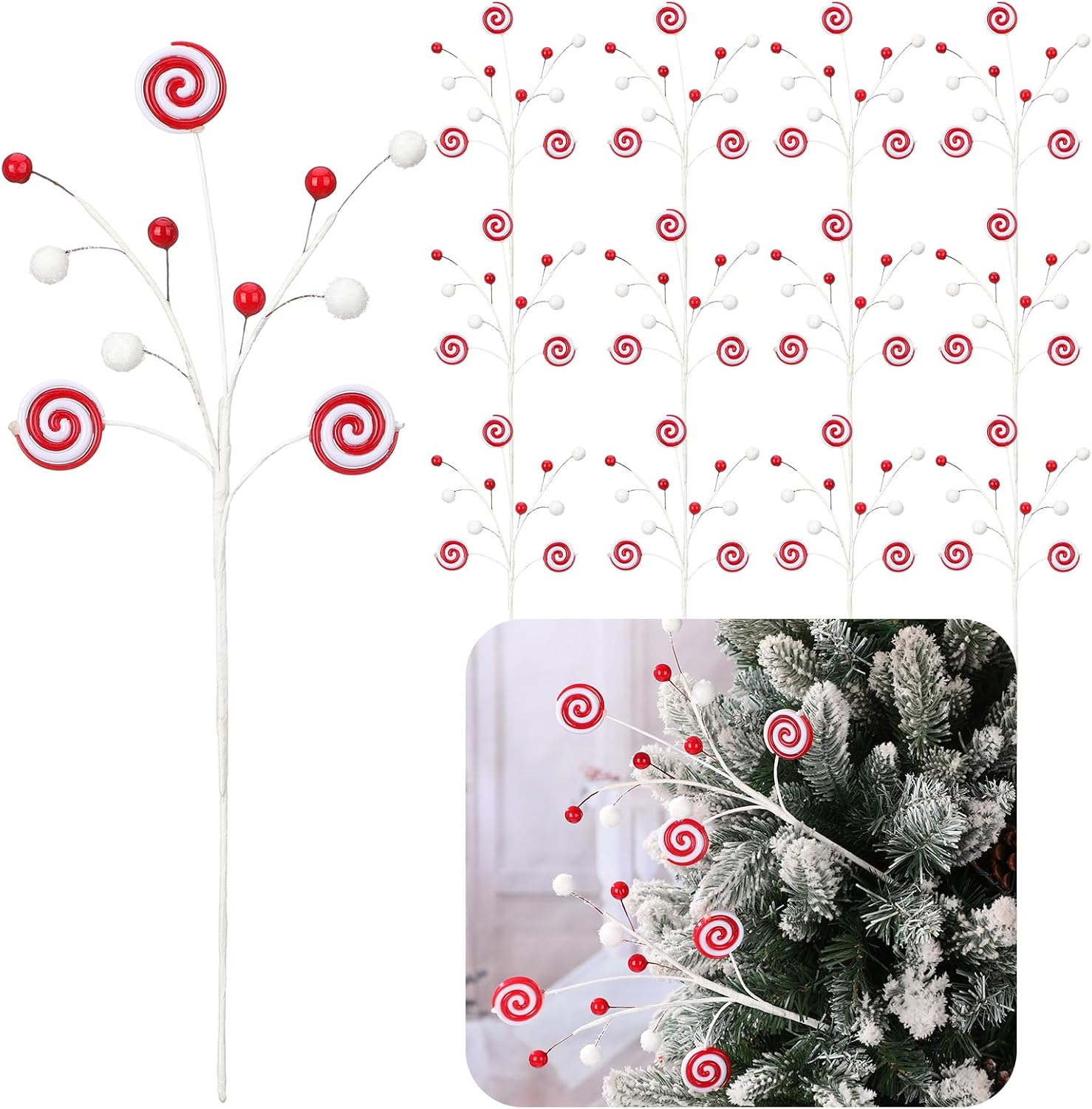 Simgoing 12 Pcs 15.8 Inch Red and White Christmas Tree Picks Xmas Peppermint Lollipop Picks Candy Cane Cute Christmas Decorations for Xmas Tree Topper Vase Filler Home Decor New Year Gifts