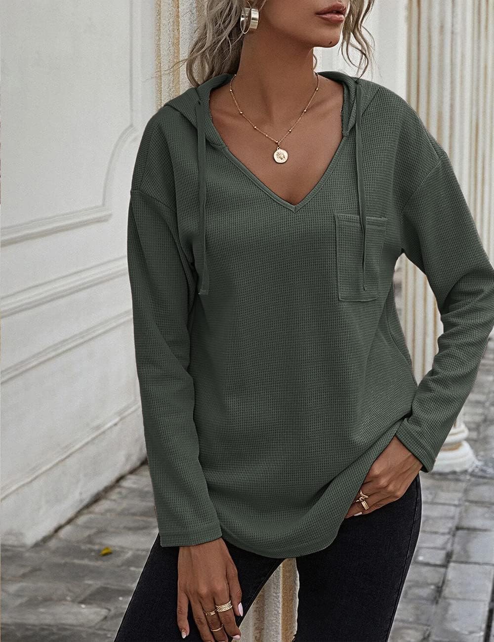 Women's V Neck Hoodies Long Sleeve Sweatshirt Drawstring Pullover Tops with Pocket - Image 3