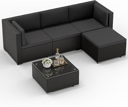 Incbruce 5 Pieces Patio Sofa, All-Weather PE Rattan Outdoor Sectional Sofas with Cushion & Glass Table, Patio Furniture Set for Garden, Deck Grey